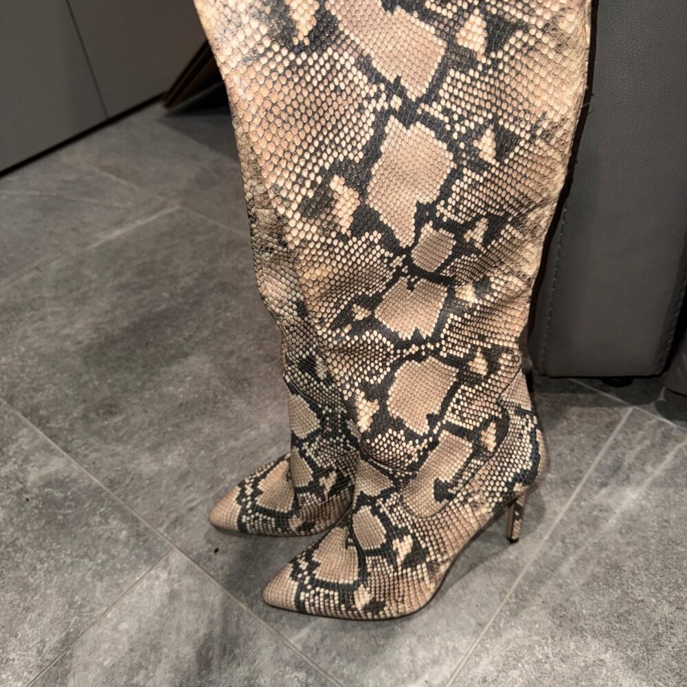 Vince Camuto Beige and Black Snake-Print Knee-High Heeled Boots